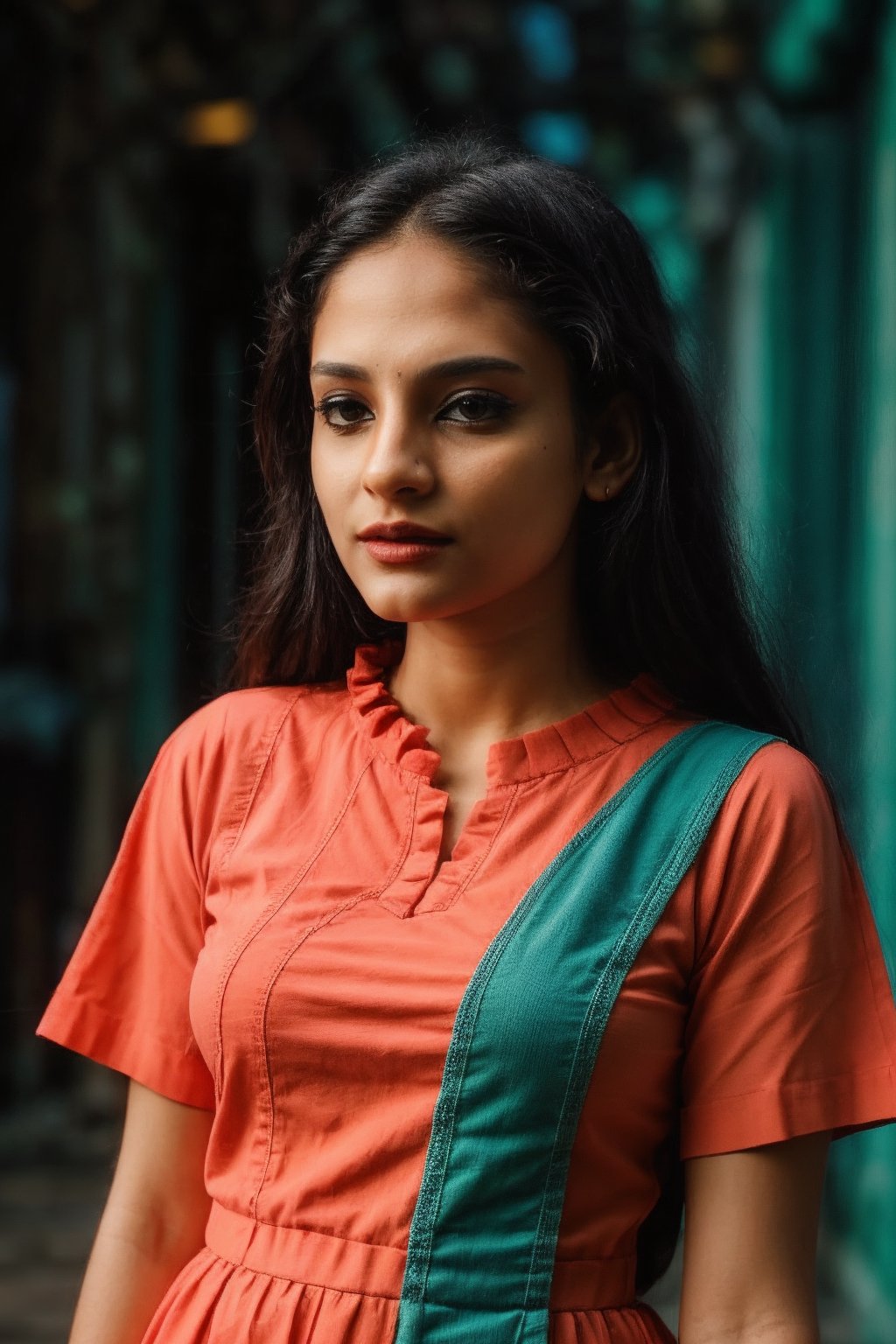 Brown skin woman in a city, matrix movie scene, matrix movie colour grading, stylish, cool background and warm foreground colour , teal background colour grading, orange foreground colour grading