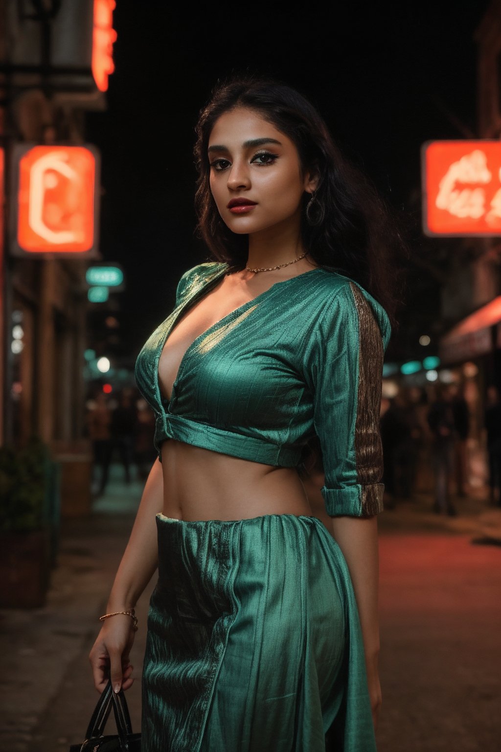 A stylish brown-skinned woman stands out against the sleek, teal-hued cityscape in a Matrix-inspired scene. The warm glow of streetlights and neon signs casts an orange filter over her, creating a striking contrast with the cool urban backdrop. She exudes confidence as she gazes out into the distance, her pose a fusion of strength and sophistication.