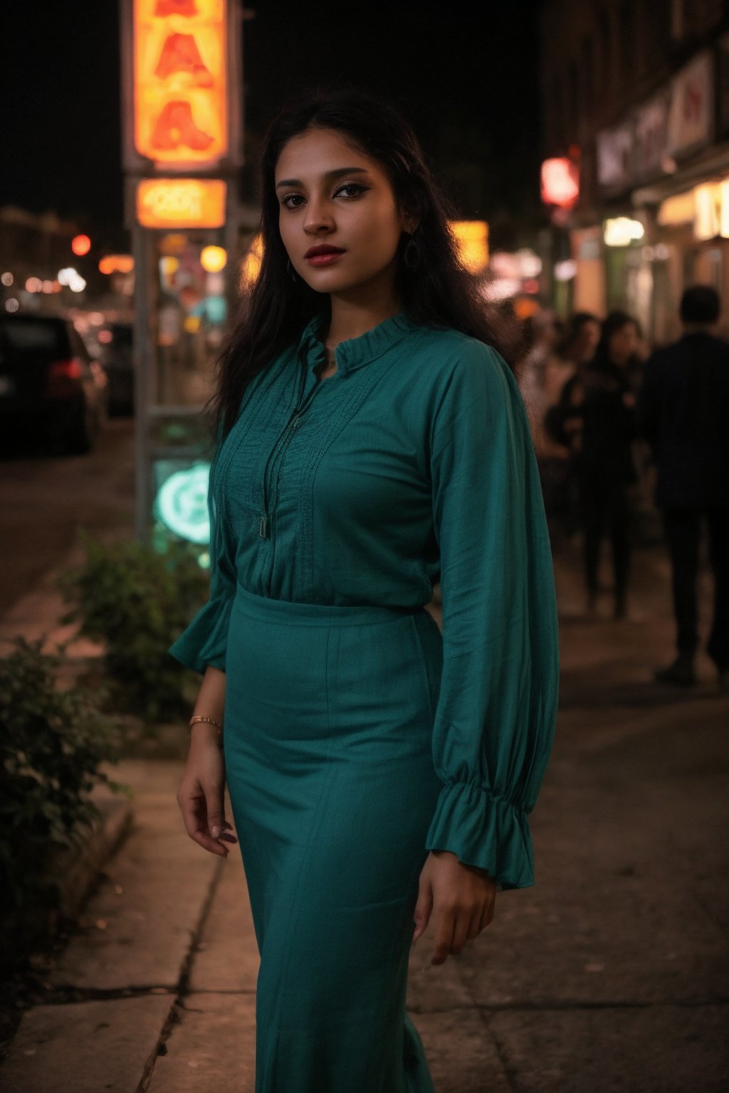 A stylish brown-skinned woman stands out against the sleek, teal-hued cityscape in a Matrix-inspired scene. The warm glow of streetlights and neon signs casts an orange filter over her, creating a striking contrast with the cool urban backdrop. She exudes confidence as she gazes out into the distance, her pose a fusion of strength and sophistication.