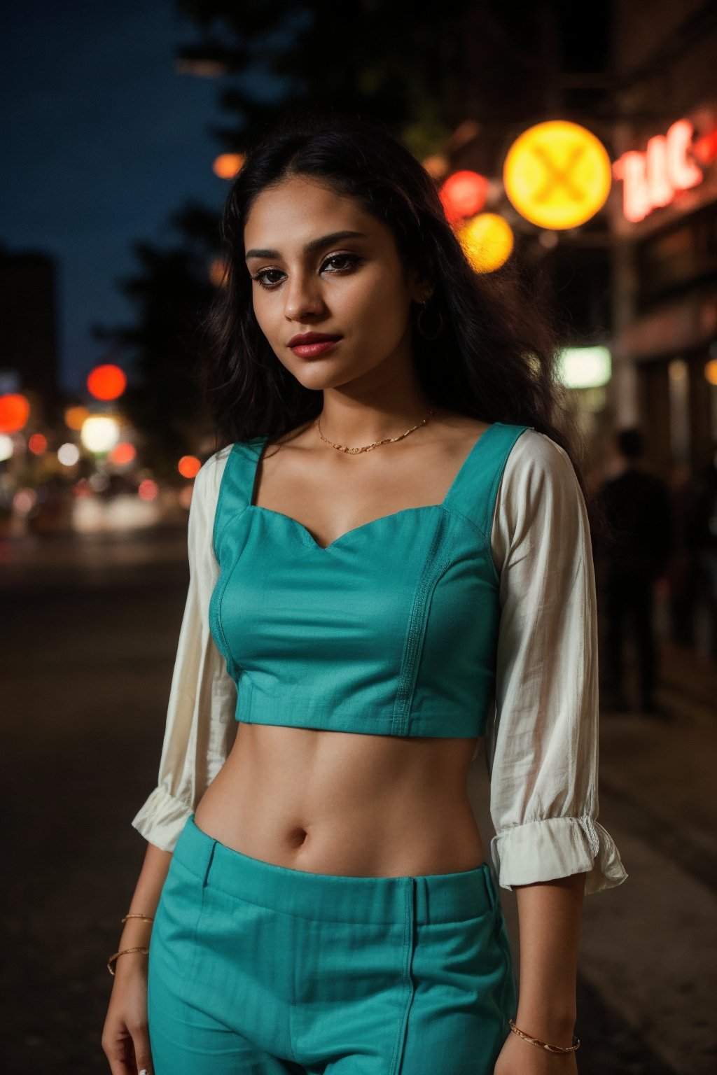 Close up shot, A stylish brown-skinned woman stands out against the sleek, teal-hued cityscape in a Matrix-inspired scene. The warm glow of streetlights and neon signs casts an orange filter over her, creating a striking contrast with the cool urban backdrop. She exudes confidence as she gazes out into the distance, her pose a fusion of strength and sophistication.