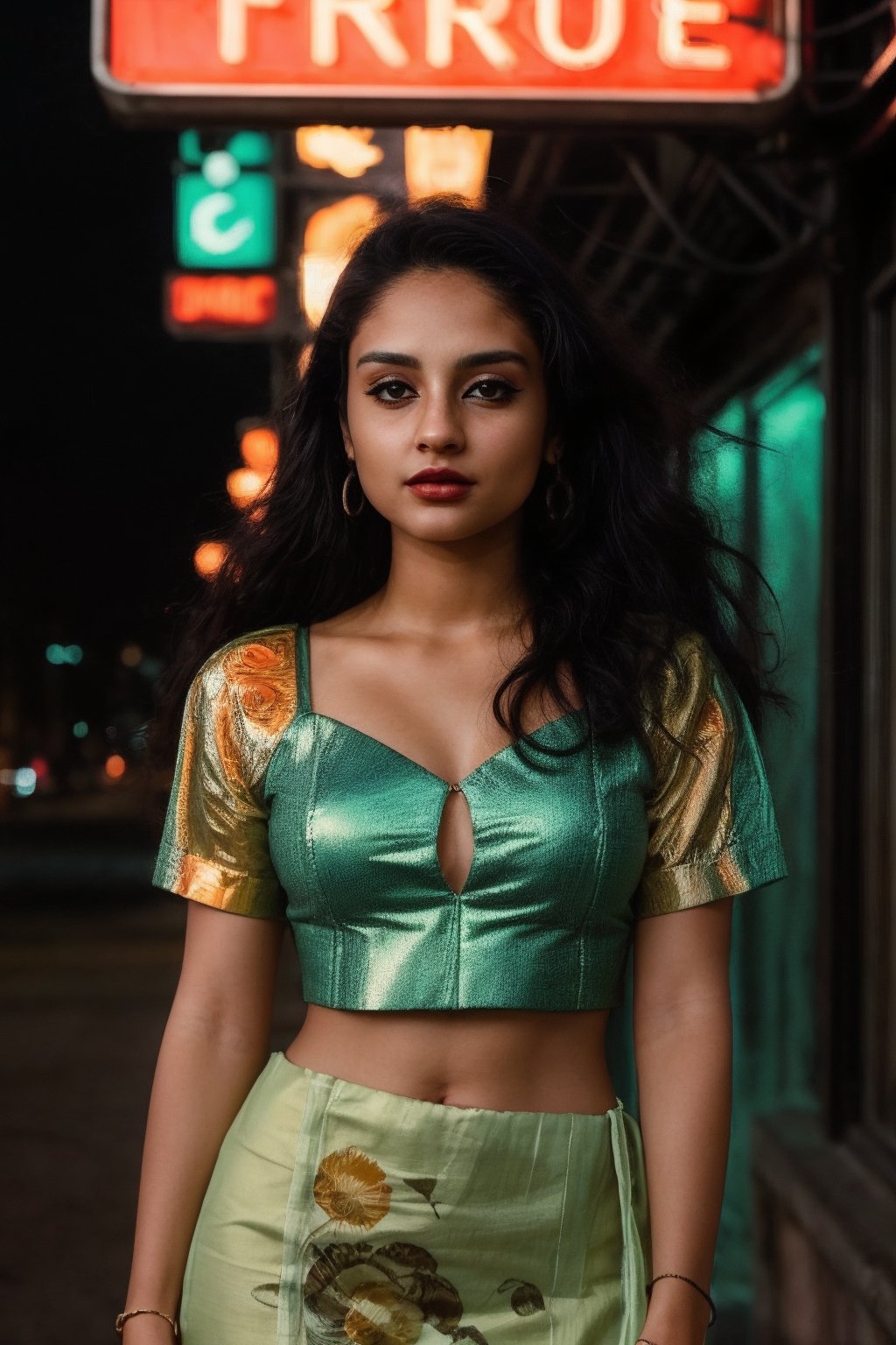 A stylish brown-skinned woman stands out against the sleek, teal-hued cityscape in a Matrix-inspired scene. The warm glow of streetlights and neon signs casts an orange filter over her, creating a striking contrast with the cool urban backdrop. She exudes confidence as she gazes out into the distance, her pose a fusion of strength and sophistication.