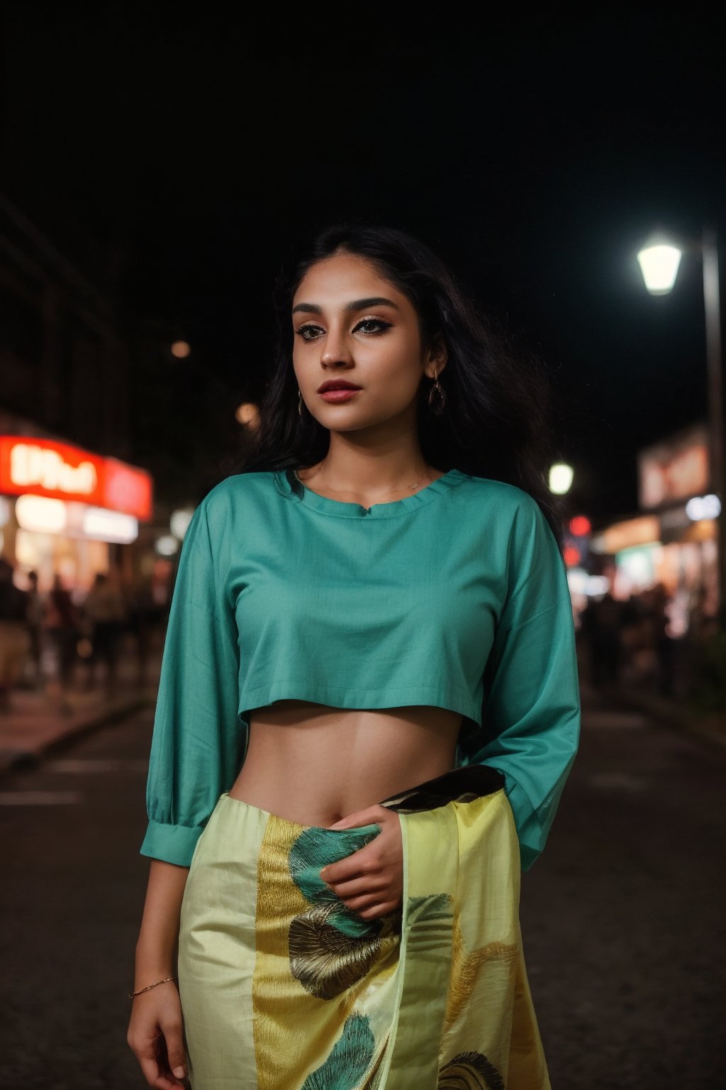 A stylish brown-skinned woman stands out against the sleek, teal-hued cityscape in a Matrix-inspired scene. The warm glow of streetlights and neon signs casts an orange filter over her, creating a striking contrast with the cool urban backdrop. She exudes confidence as she gazes out into the distance, her pose a fusion of strength and sophistication.