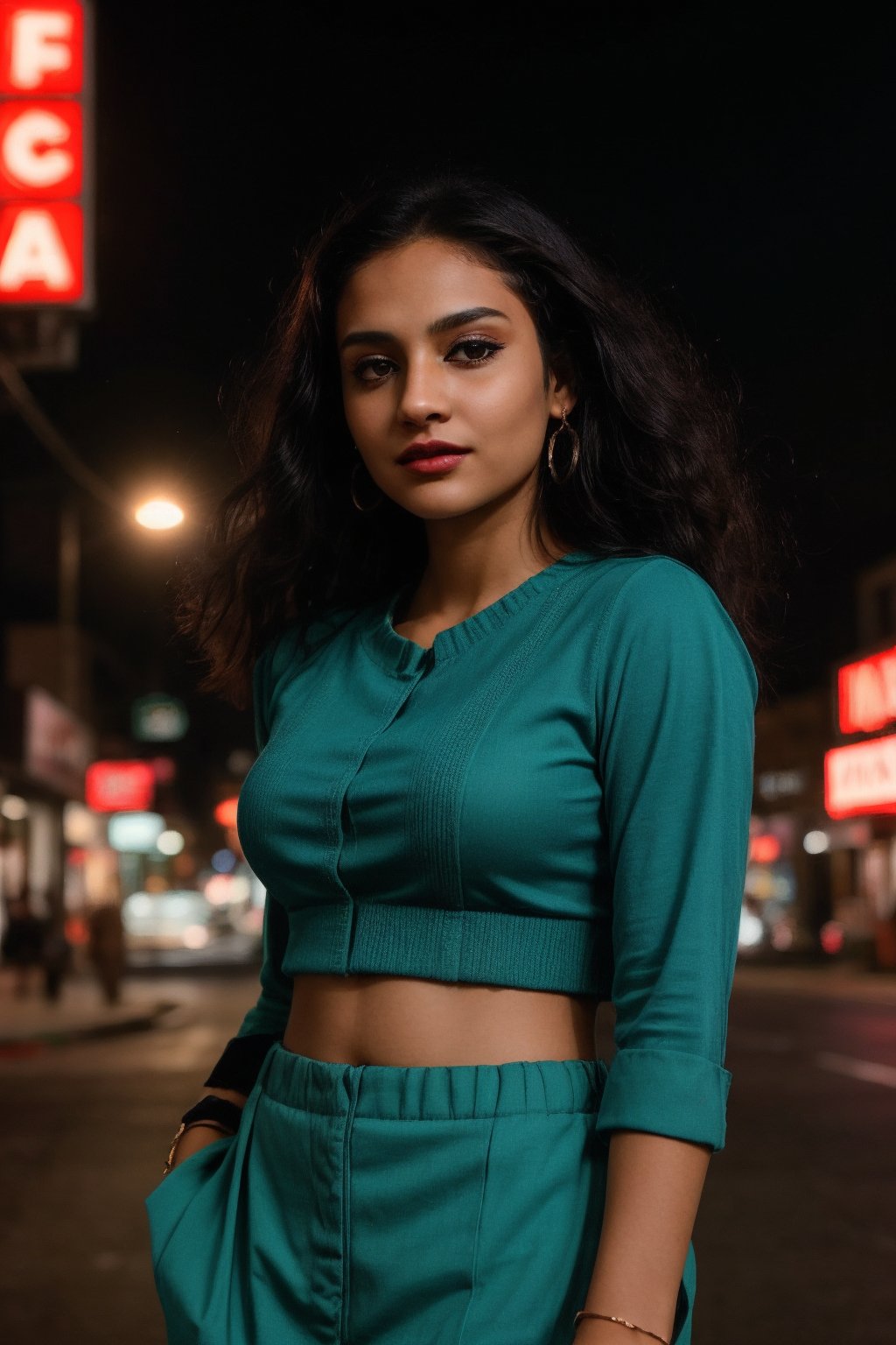 A stylish brown-skinned woman stands out against the sleek, teal-hued cityscape in a Matrix-inspired scene. The warm glow of streetlights and neon signs casts an orange filter over her, creating a striking contrast with the cool urban backdrop. She exudes confidence as she gazes out into the distance, her pose a fusion of strength and sophistication.