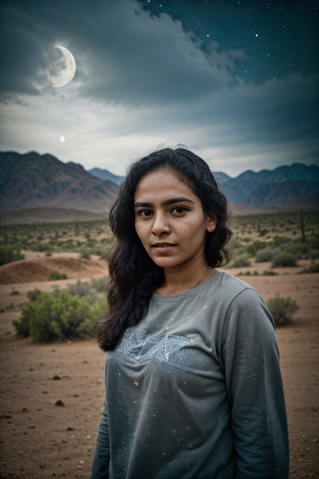 (A girl standing in a desert area:1.2) details in face, perfect eyes, in the night dark night, clear sky, milkyway galaxy, Stary night photography, astrophotography, masterpiece, best quality, ultra-detailed, solo, (night), (stars, moon:1.3), smoke,clear sky, analog style (look at viewer:1.2) (skin texture)  (cool hue and warm tone),1mallugirl,1 girl,Mallugirl,perfect,REALISTIC