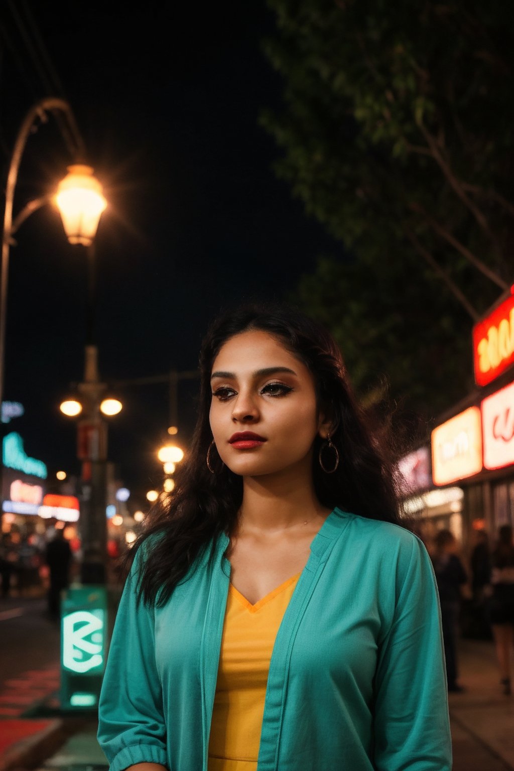 A stylish brown-skinned woman stands out against the sleek, teal-hued cityscape in a Matrix-inspired scene. The warm glow of streetlights and neon signs casts an orange filter over her, creating a striking contrast with the cool urban backdrop. She exudes confidence as she gazes out into the distance, her pose a fusion of strength and sophistication.