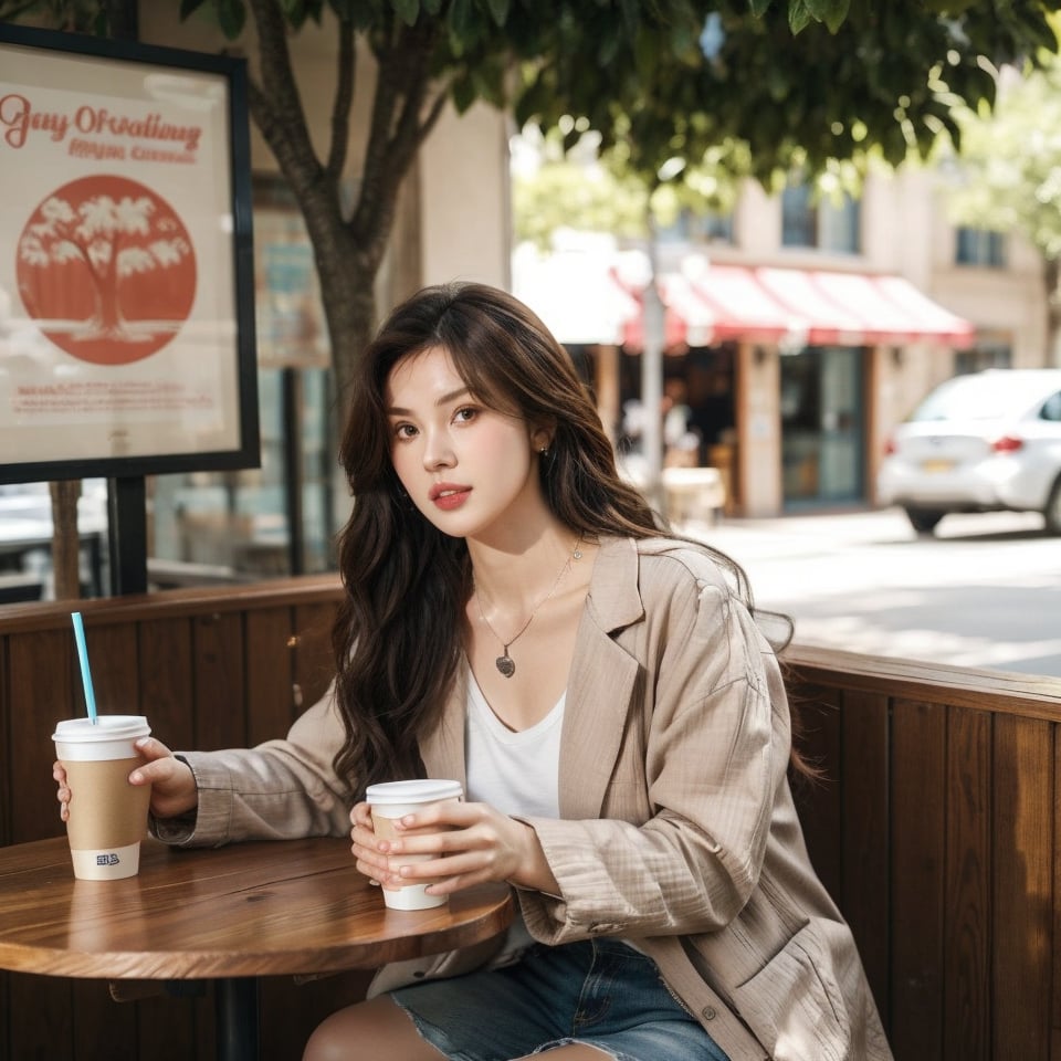 1girl, solo, long hair, brown hair, shirt, jewelry, necklace, lips, traditional media, portrait, realistic, holding, brown eyes, sitting, jacket, white shirt, outdoors, food, day, indoors, tree, cup, lips, black jacket, chair, table, drinking straw, sign, realistic, drink, drinking, disposable cup, restaurant, cafe, real world location