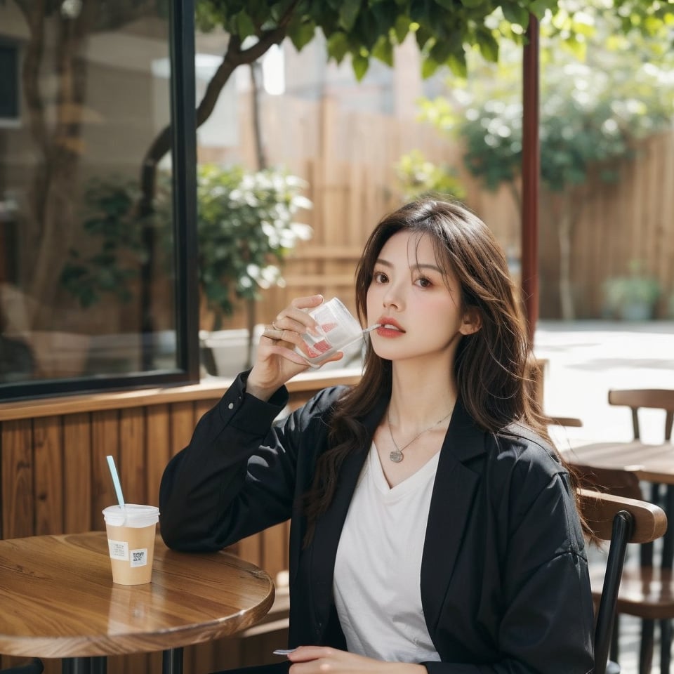 1girl, solo, long hair, brown hair, shirt, jewelry, necklace, lips, traditional media, portrait, realistic, holding, brown eyes, sitting, jacket, white shirt, outdoors, food, day, indoors, tree, cup, lips, black jacket, chair, table, drinking straw, sign, realistic, drink, drinking, disposable cup, restaurant, cafe, real world location