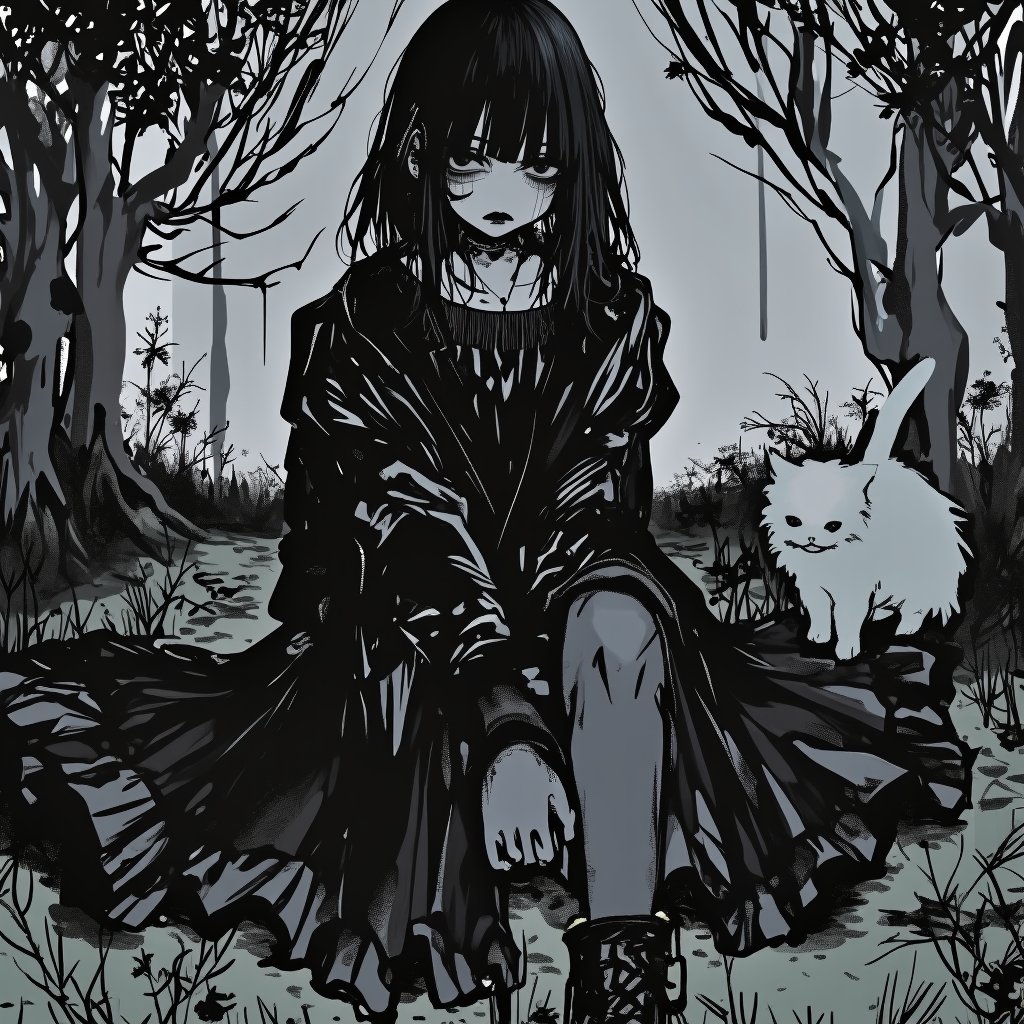 dal,1 girl, black hair, shoulder length hair,short hair, brown eyes, serious look, dressed in gothic clothing, black lipstick, black eyeliner, gothic makeup, black boots, ink forest, white cat by her side, pose, depressed, gothic art