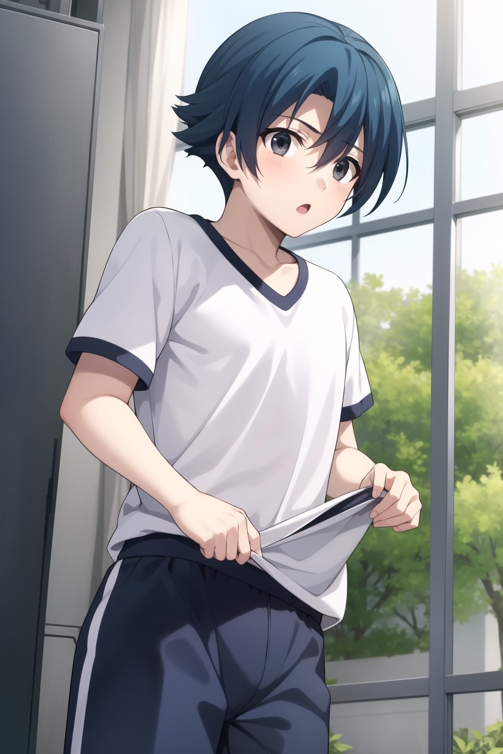 Highly detailed, High Quality, Masterpiece, beautiful,
BREAK 1boy, solo, (young man), (16 old), makoto itou, (blue hair:1.8), (black eyes), (medium hair:1.8),
BREAK (sportswear:1.5),
BREAK looking_at_viewer :o, open_mouth, schooldays,