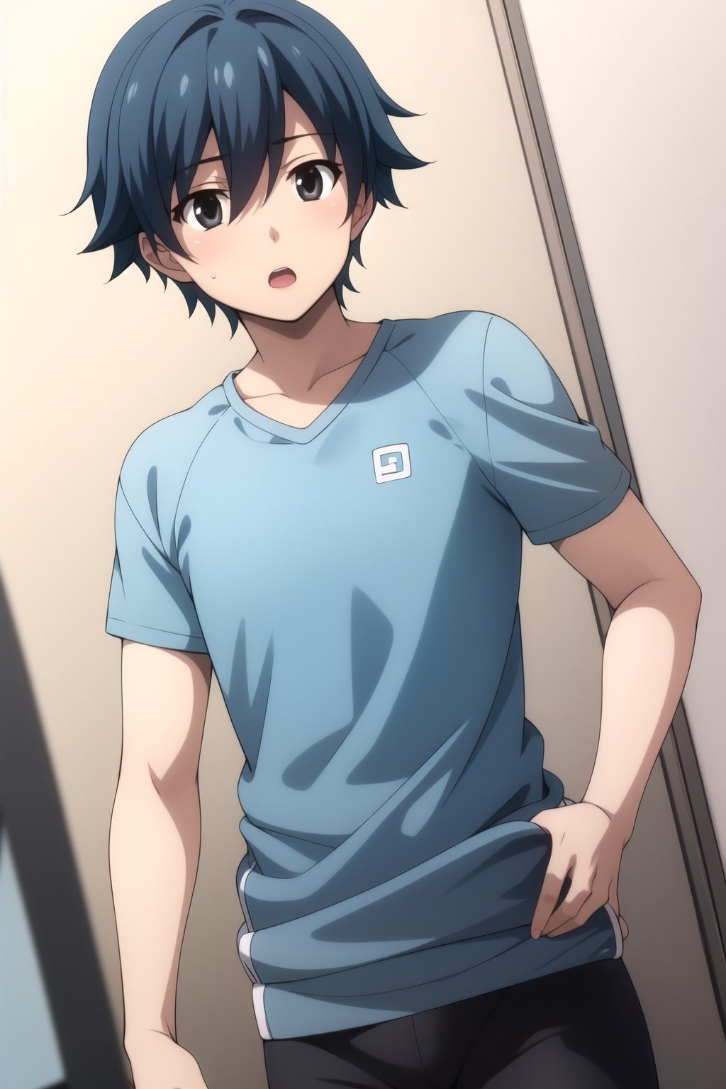 Highly detailed, High Quality, Masterpiece, beautiful,
BREAK 1boy, solo, (young man), (16 old), makoto itou, (blue hair:1.8), (black eyes), (medium hair:1.8), male focus,
BREAK (sportswear:1.5),
BREAK looking_at_viewer :o, open_mouth, schooldays,