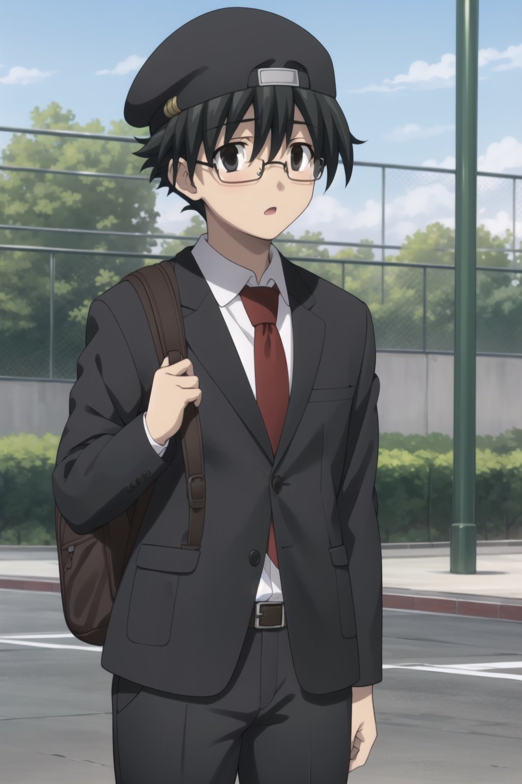 Highly detailed, High Quality, Masterpiece, beautiful,
BREAK 1boy, solo, (young man), (16 old), Makot, black hair, (black eyes:1.5), short hair,
BREAK school uniform, necktie, formal, suit, brown backpack on the back, (backwards cap), baseball cap, glasses, (samurai sword), black cap,
BREAK looking_at_viewer :o, open_mouth, schooldays, 