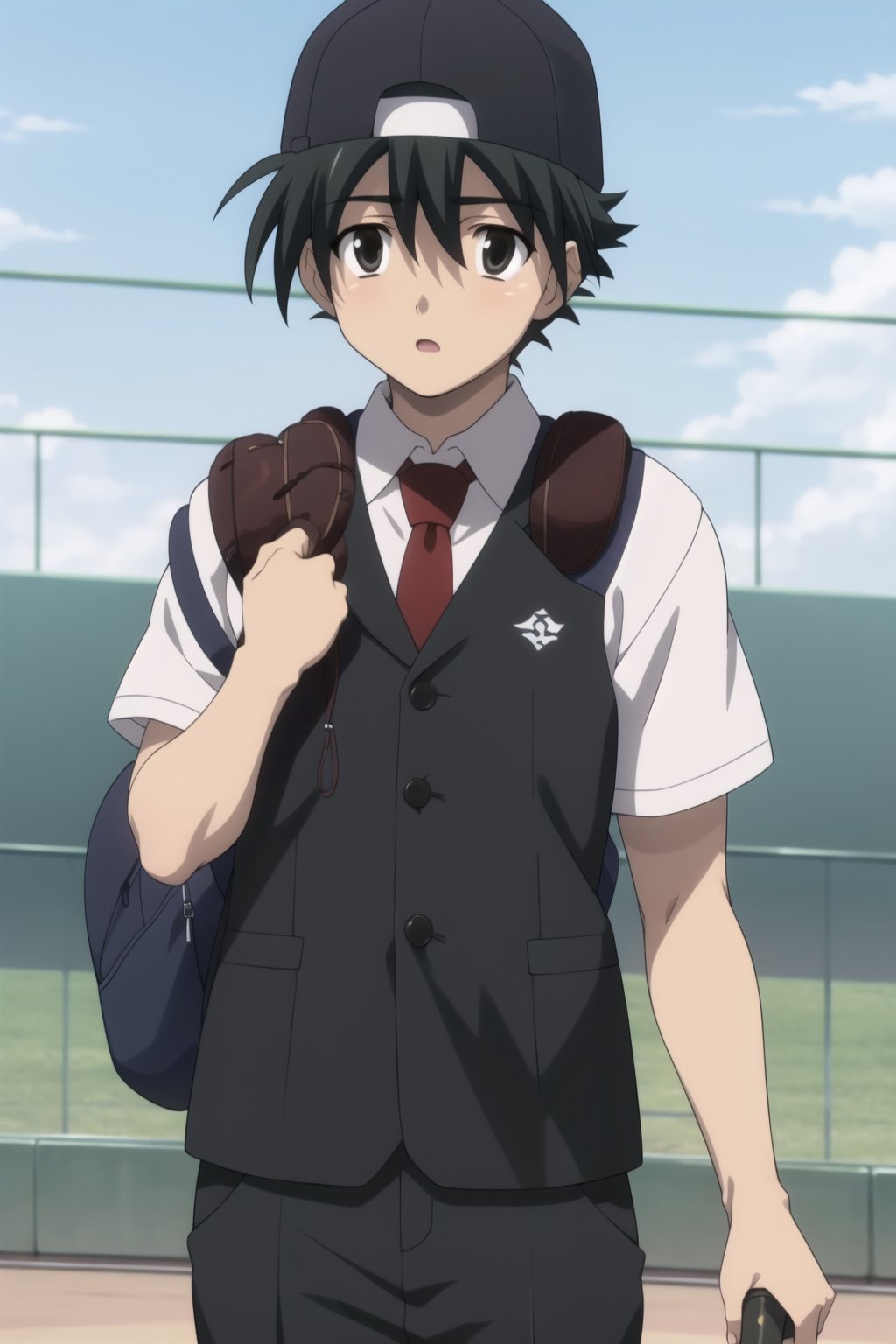 Highly detailed, High Quality, Masterpiece, beautiful,
BREAK 1boy, solo, (young man), (16 old), Makot, black hair, (black eyes:1.5), short hair,
BREAK school uniform, necktie, formal, suit, brown backpack on the back, (backwards cap), (baseball cap:1.5), glasses, (samurai sword), black cap,
BREAK looking_at_viewer :o, open_mouth, schooldays, 