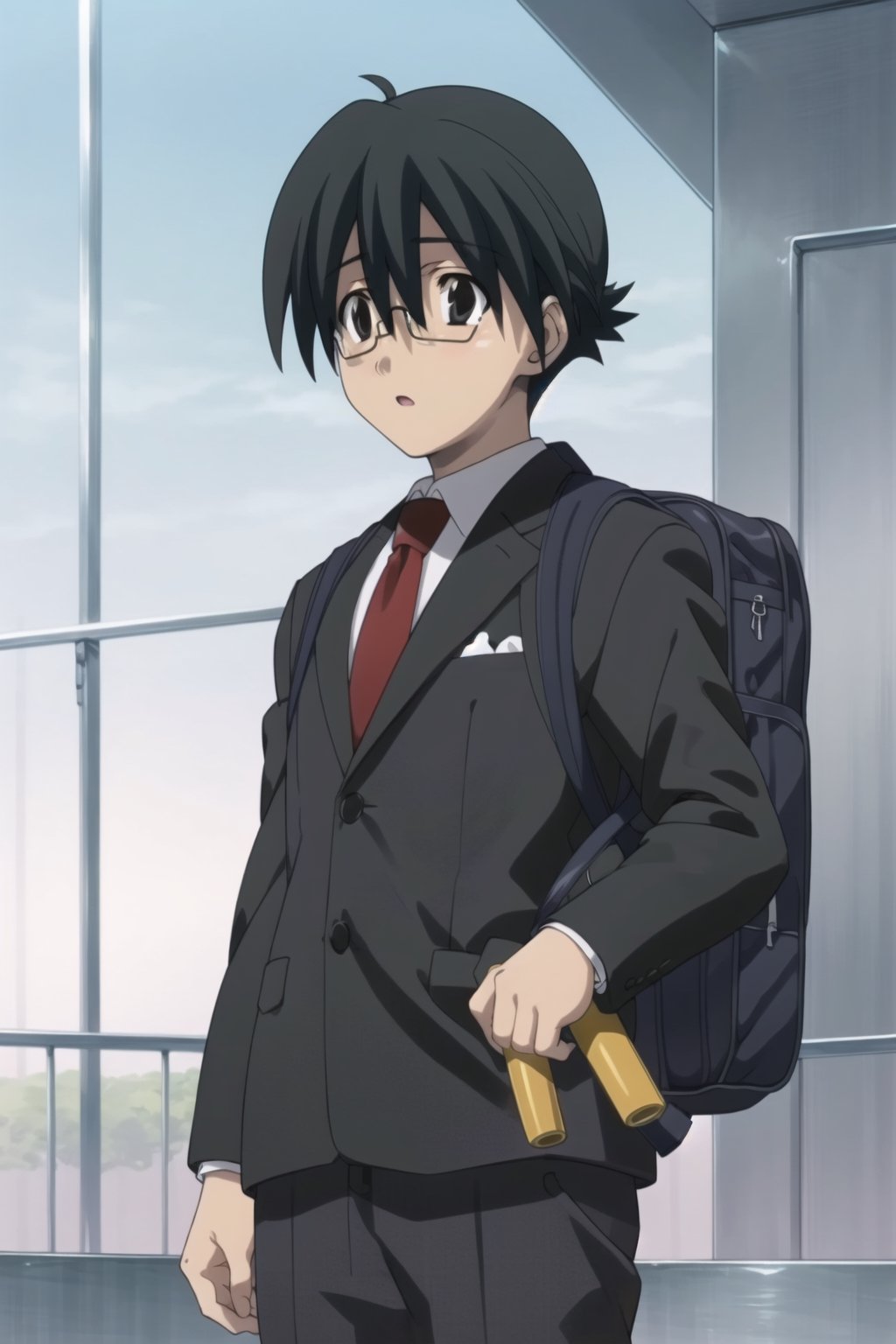 Highly detailed, High Quality, Masterpiece, beautiful,
BREAK 1boy, solo, (young man), (16 old), Makot, black hair, (black eyes:1.5), short hair,
BREAK school uniform, necktie, formal, suit, brown backpack on the back, backwards cap, glasses, samurai sword,
BREAK looking_at_viewer :o, open_mouth, schooldays, ,Makot