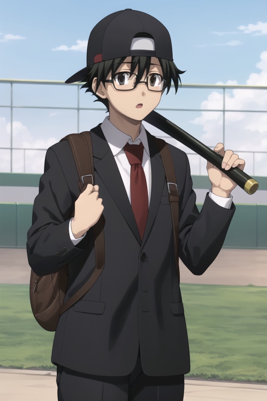 Highly detailed, High Quality, Masterpiece, beautiful,
BREAK 1boy, solo, (young man), (16 old), Makot, black hair, (black eyes:1.5), short hair,
BREAK school uniform, necktie, formal, suit, brown backpack on the back, (backwards cap), (glasses, baseball cap:1.5),  (samurai sword), black cap,
BREAK looking_at_viewer :o, open_mouth, schooldays, 