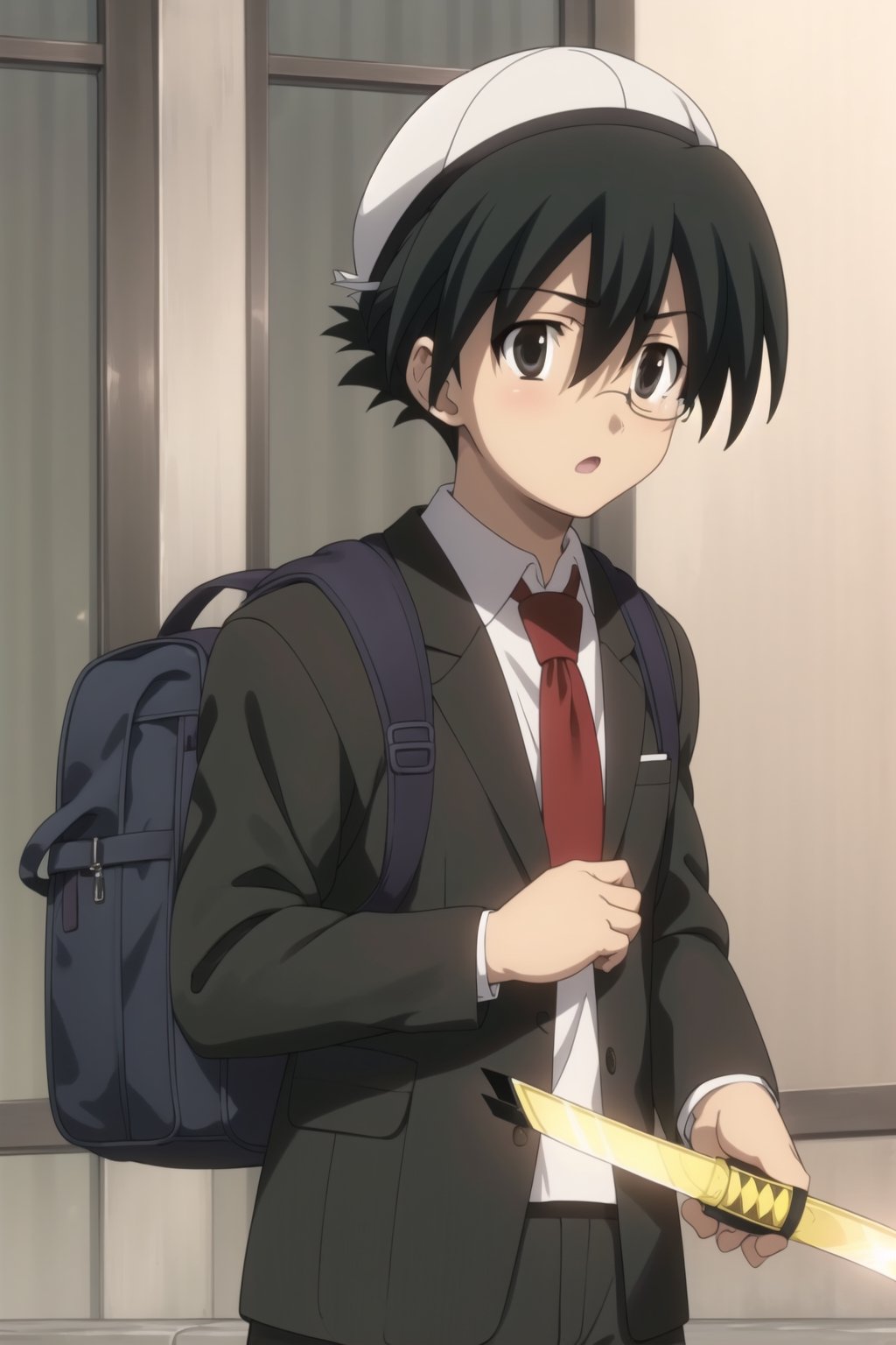 Highly detailed, High Quality, Masterpiece, beautiful,
BREAK 1boy, solo, (young man), (16 old), Makot, black hair, (black eyes:1.5), short hair,
BREAK school uniform, necktie, formal, suit, brown backpack on the back, (backwards cap:1.2), glasses, (samurai sword:1.5),
BREAK looking_at_viewer :o, open_mouth, schooldays,