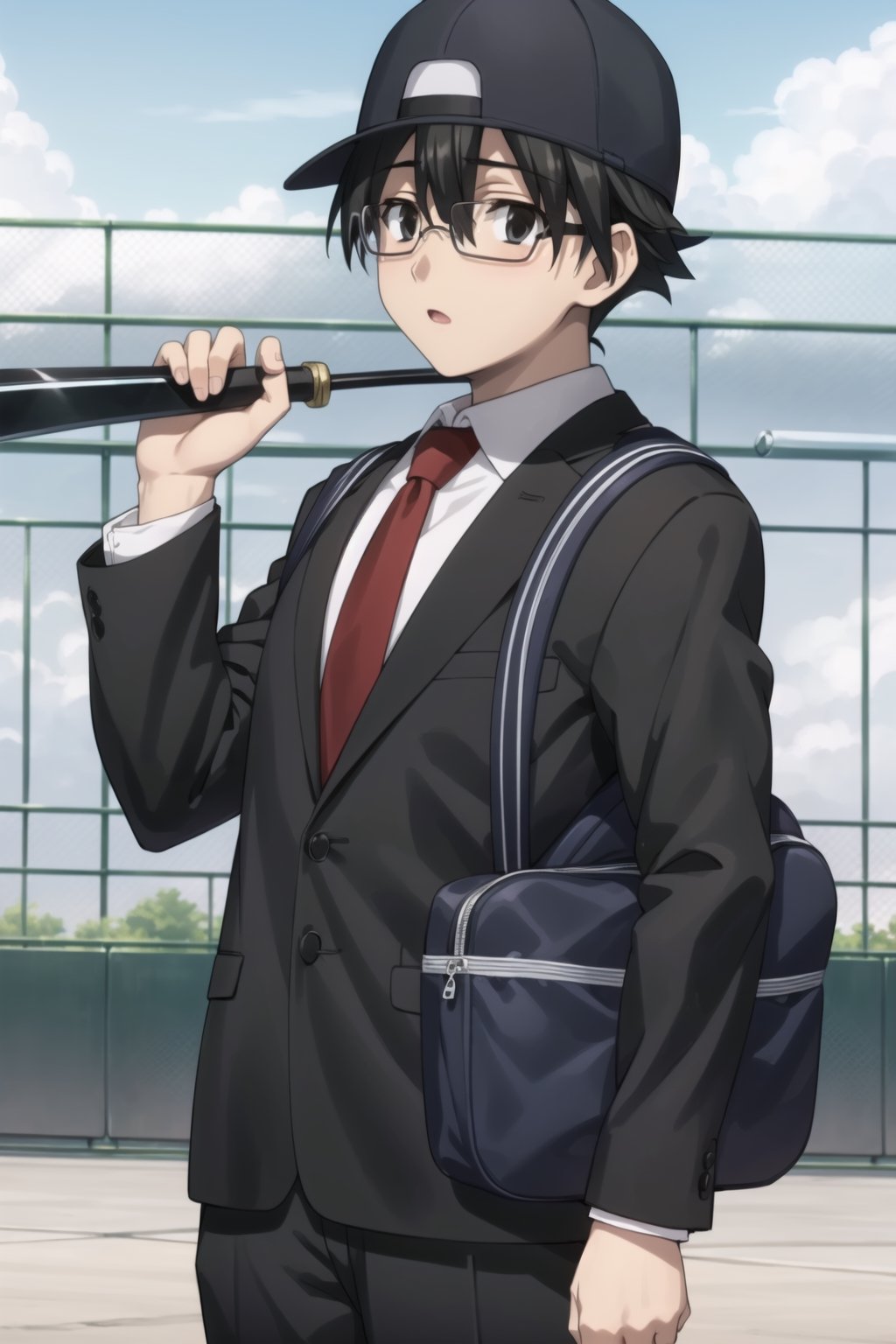 Highly detailed, High Quality, Masterpiece, beautiful,
BREAK 1boy, solo, (young man), (16 old), Makot, black hair, (black eyes:1.5), short hair,
BREAK school uniform, necktie, formal, suit, brown backpack on the back, (backwards cap), (glasses, baseball cap:1.5),  (samurai sword), black cap,
BREAK looking_at_viewer :o, open_mouth, schooldays, 