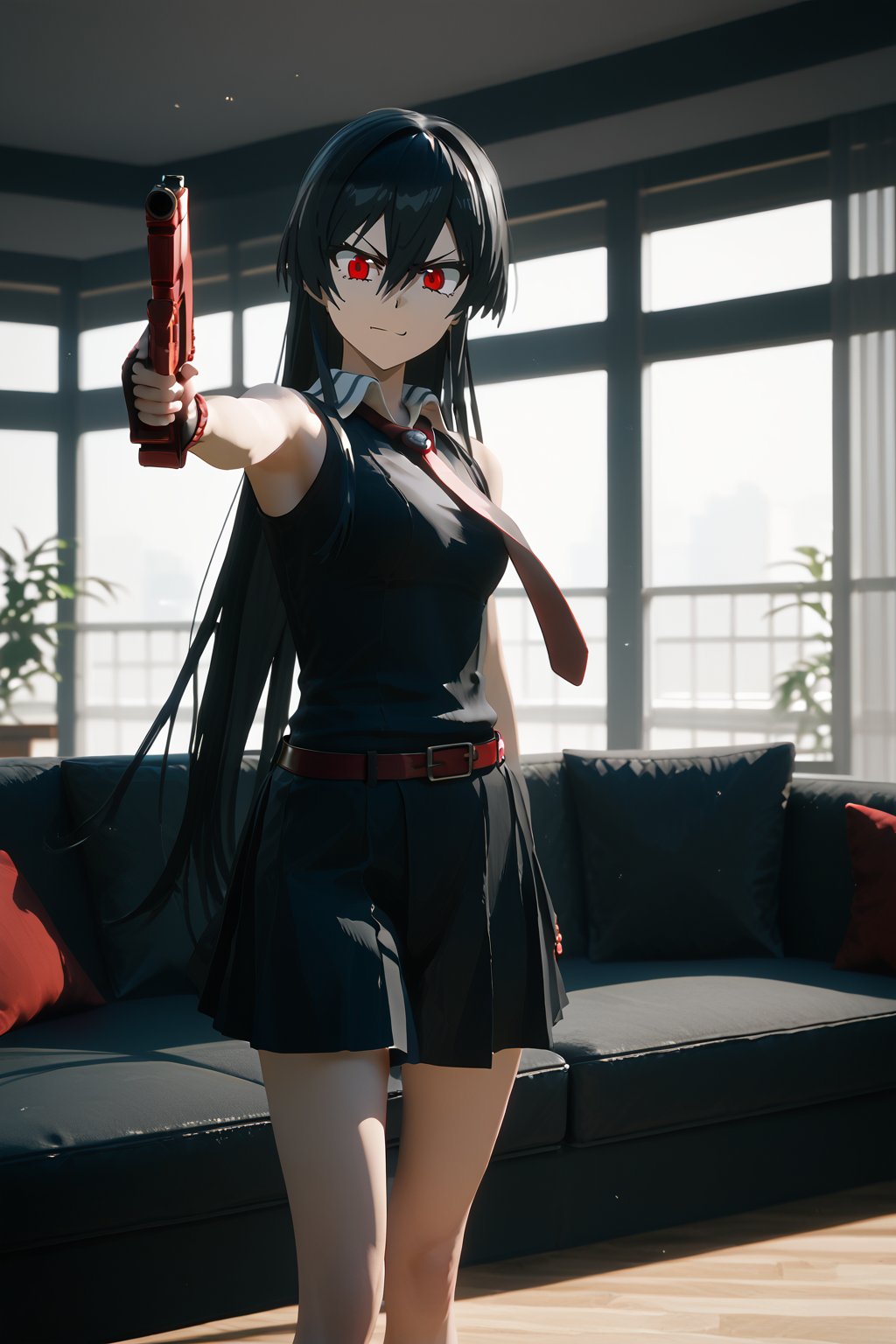 (score_9,score_8_up,score_7_up), 3D, 1girl, Akame, LONG HAIR, BLACK HAIR,BLACK DRESS, SLEEVELESS, PLEATED SKIRT,BLACK SHIRT, NECKTIE, RED BELT, standing, holding gun, aiming at viewer, handgun, living room, couch, window, indoor
