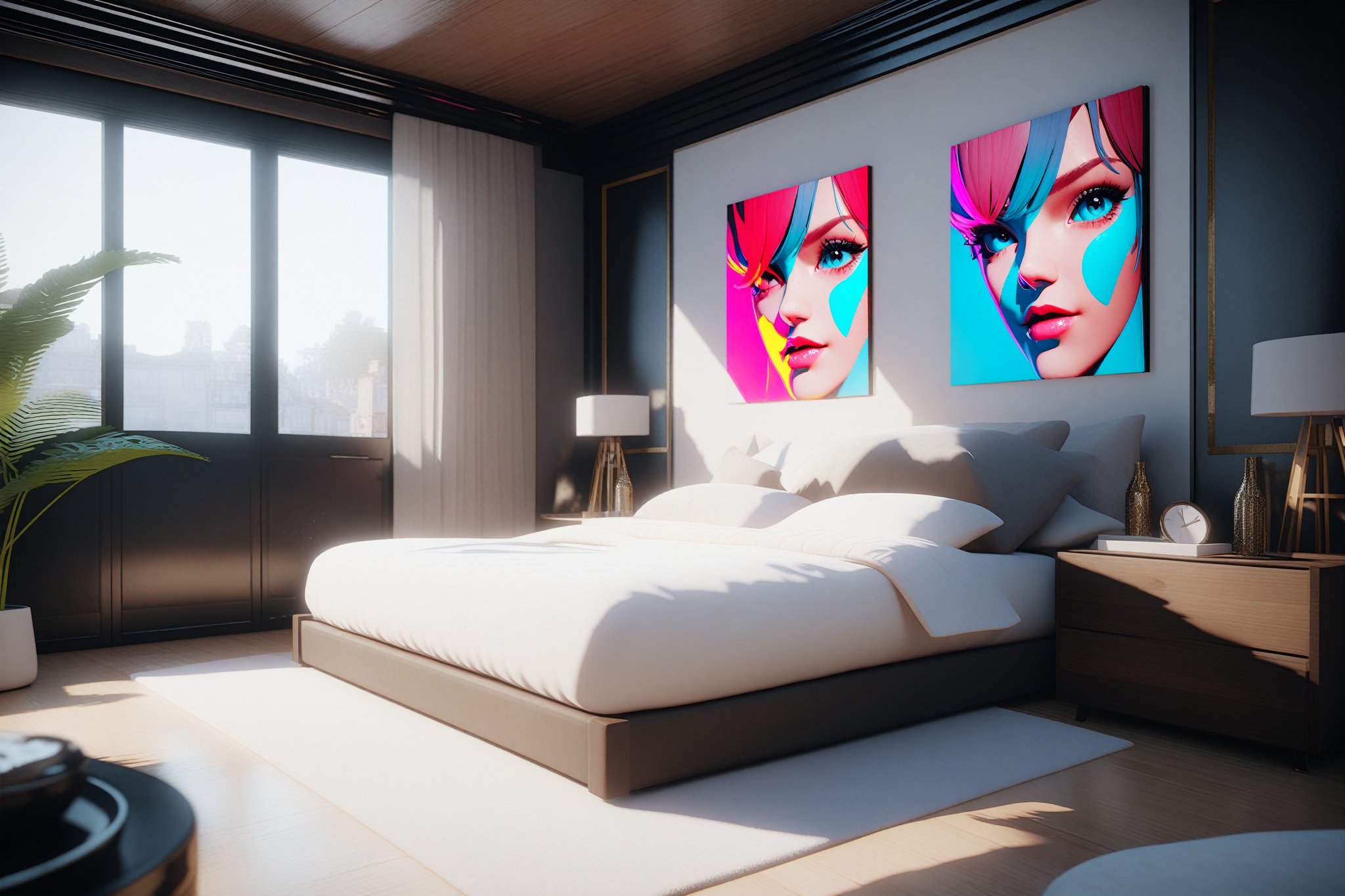 bedroom, indoor, [3D:7], [pop art:2], masterpiece, best quality, highres, recent, very aesthetic, General