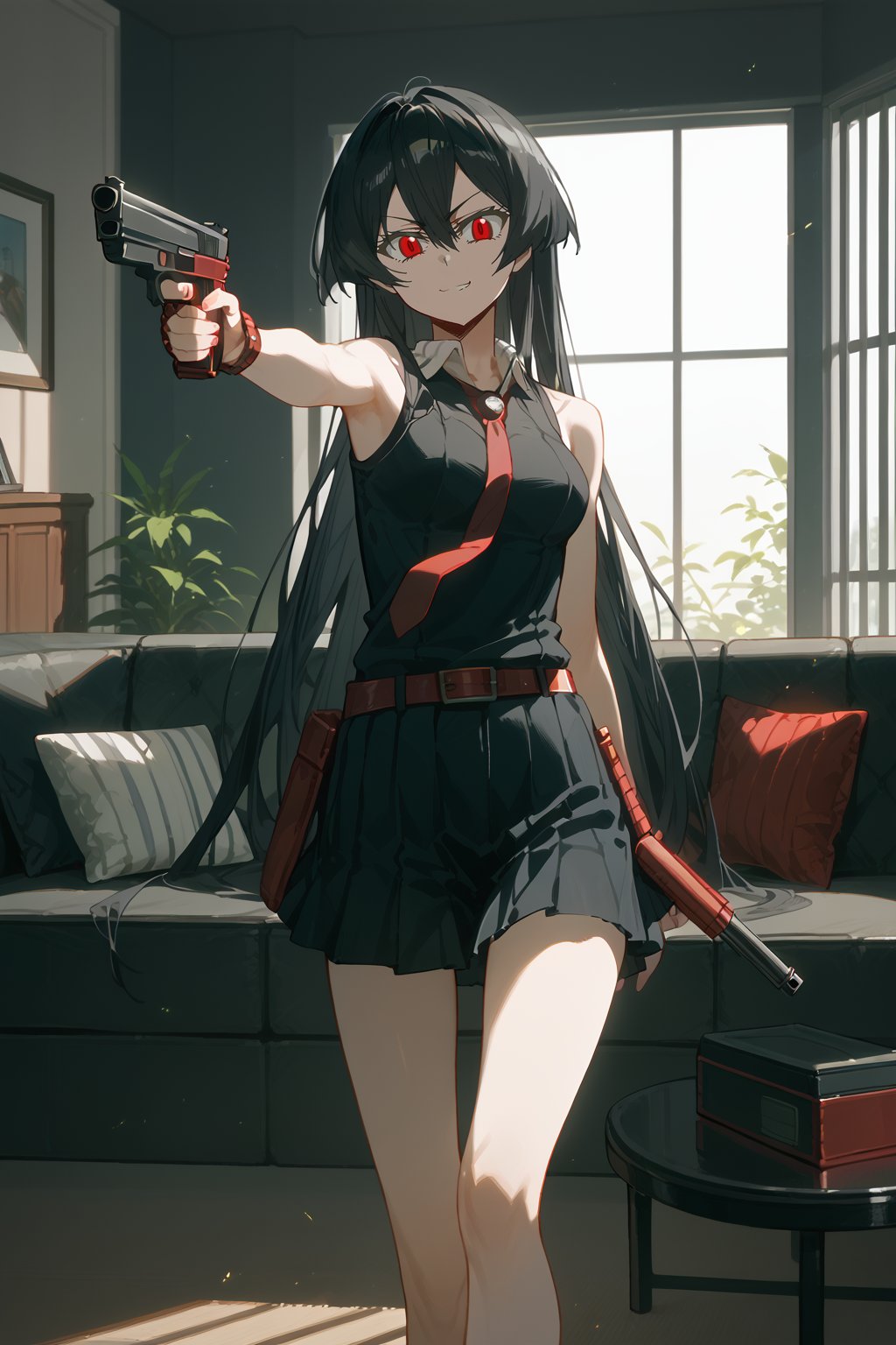 (score_9,score_8_up,score_7_up), TYBW, 1girl, Akame, LONG HAIR, BLACK HAIR,BLACK DRESS, SLEEVELESS, PLEATED SKIRT,BLACK SHIRT, NECKTIE, RED BELT, standing, holding gun, aiming at viewer, handgun, living room, couch, window, indoor