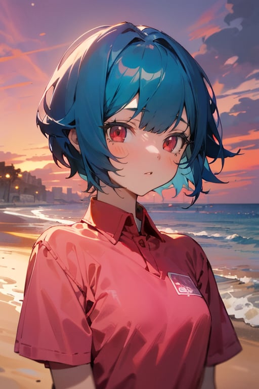 (masterpiece, best quality), highly detailed, 1girl, short hair, blue hair, red eyes, pink shirt, short sleeves, upper body, outside, beach, sunset