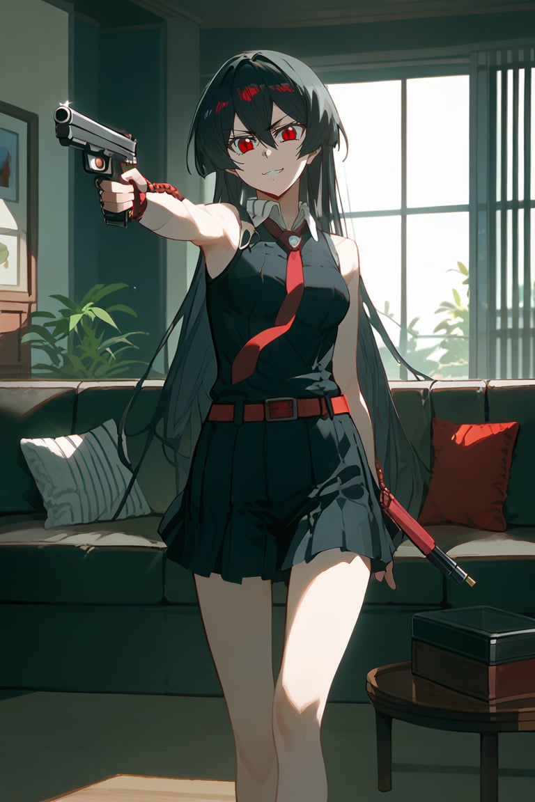 (score_9,score_8_up,score_7_up), TYBW, 1girl, Akame, LONG HAIR, BLACK HAIR,BLACK DRESS, SLEEVELESS, PLEATED SKIRT,BLACK SHIRT, NECKTIE, RED BELT, standing, holding gun, aiming at viewer, handgun, living room, couch, window, indoor