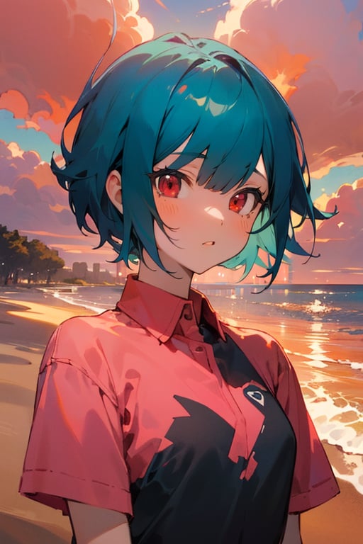 (masterpiece, best quality), highly detailed, 1girl, short hair, blue hair, red eyes, pink shirt, short sleeves, upper body, outside, sand, sea, trees, sunset