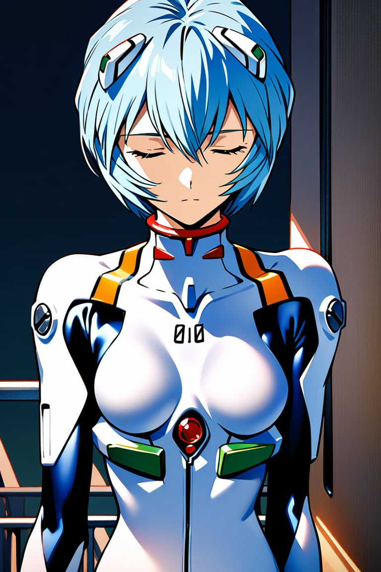 1girl, ayanami rei, plug-suit, standing, upper body, from fornt, emotionless, closed eyes, BREAK simple background, balcony, masterpiece, best quality, absurdres