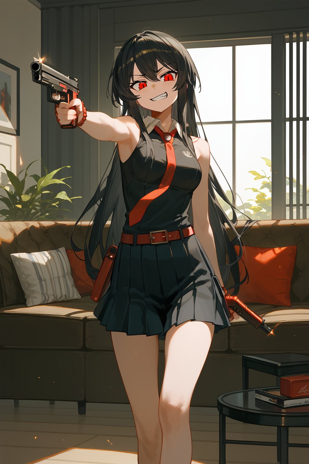 (score_9,score_8_up,score_7_up), wlop, 1girl, Akame, LONG HAIR, BLACK HAIR,BLACK DRESS, SLEEVELESS, PLEATED SKIRT,BLACK SHIRT, NECKTIE, RED BELT, standing, holding gun, aiming at viewer, handgun, living room, couch, window, indoor
