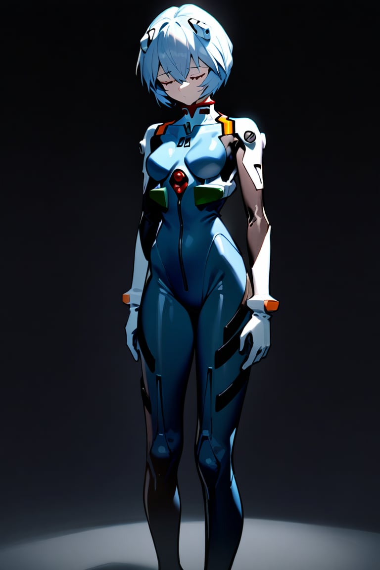 1girl, ayanami rei, neon genesis evangelion, plug-suit, standing, from fornt, emotionless, closed eyes, BREAK simple background, black background, masterpiece, best quality, absurdres
