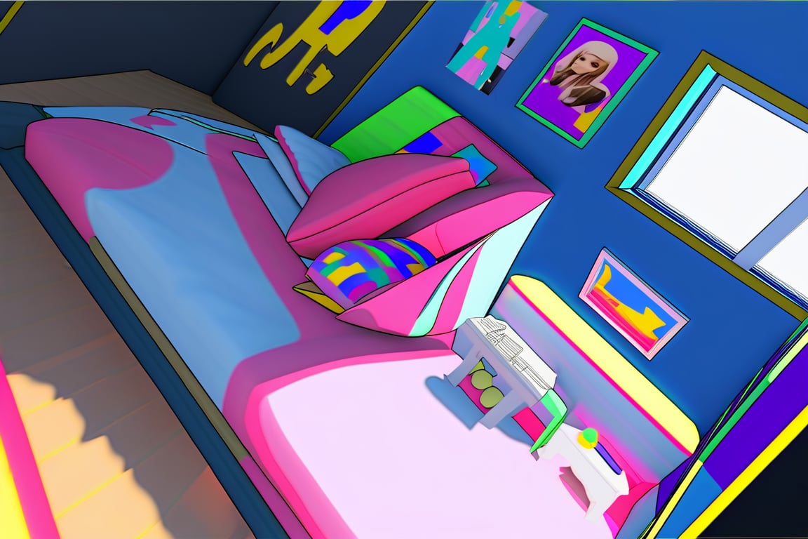 bedroom, indoor, [3D:10], [pop art:3], masterpiece, best quality, highres, recent, very aesthetic, General