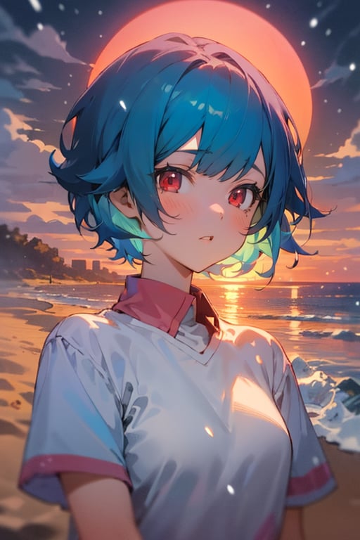 (masterpiece, best quality), highly detailed, 1girl, short hair, blue hair, red eyes, pink shirt, short sleeves, upper body, outside, sand, sea, sunset, snowing, snow