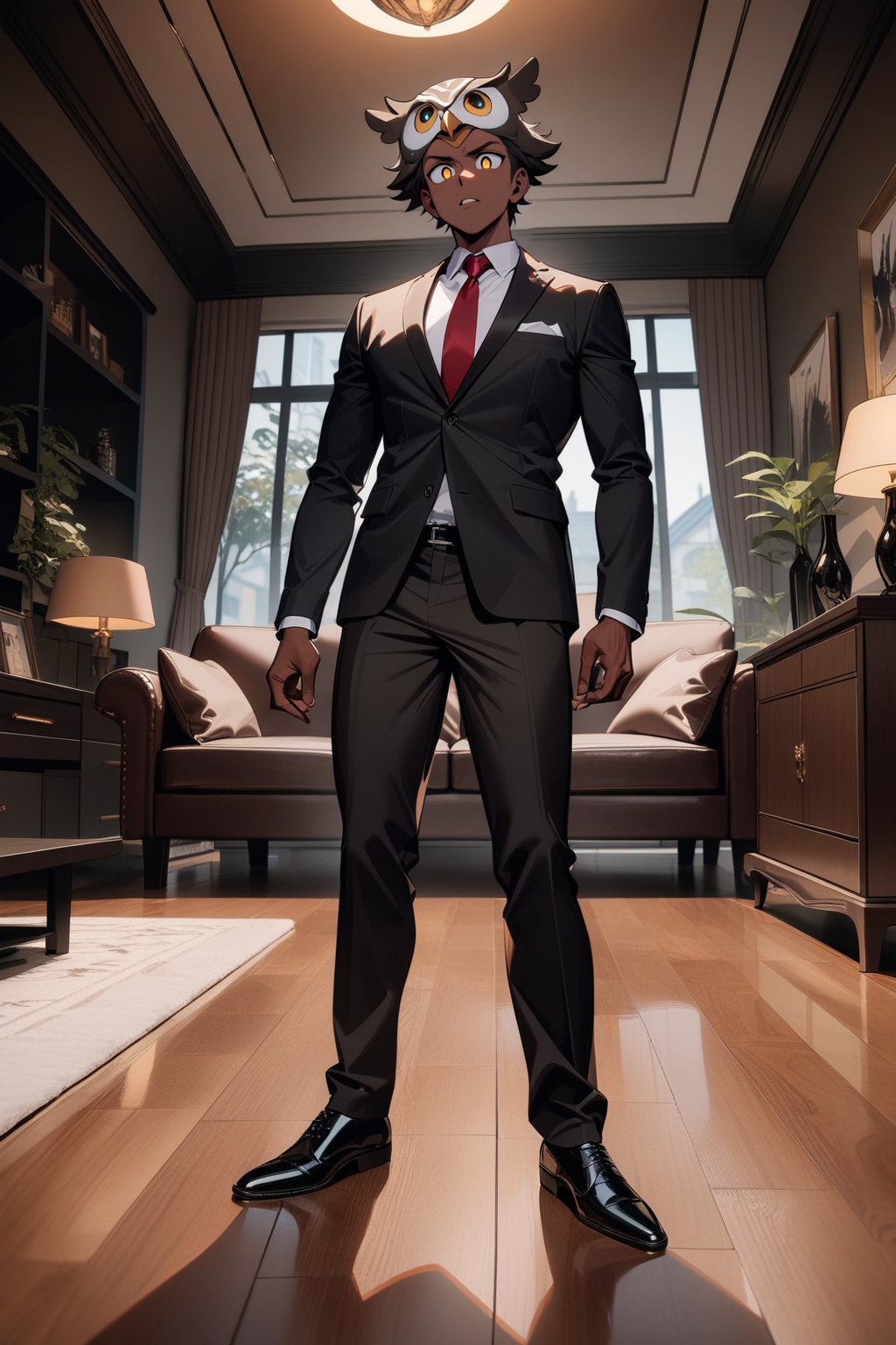 1boy, matue male, slim, [bald : owl hat: 3], forehead, black jacket, red necktie, white shirt, black skinny pants, formal shoes, standing, outside, living room, indoor, [fisheye lens:: 3], masterpiece, best quality, absurdres, very aesthetic, newest, General