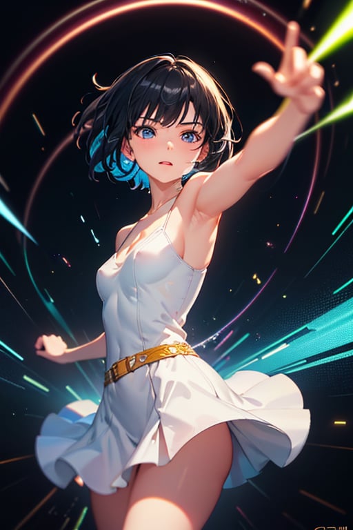 (masterpiece, best quality, chromatic aberration), light painting, (long exposure:1.2), dynamic streaks, luminous trails, vibrant colors, fluid movement, captivating patterns, creative experimentation, 1girl, black hair, short hair, white dress, (highest detailed), (cowboy shot:1.2), dynamic pose 