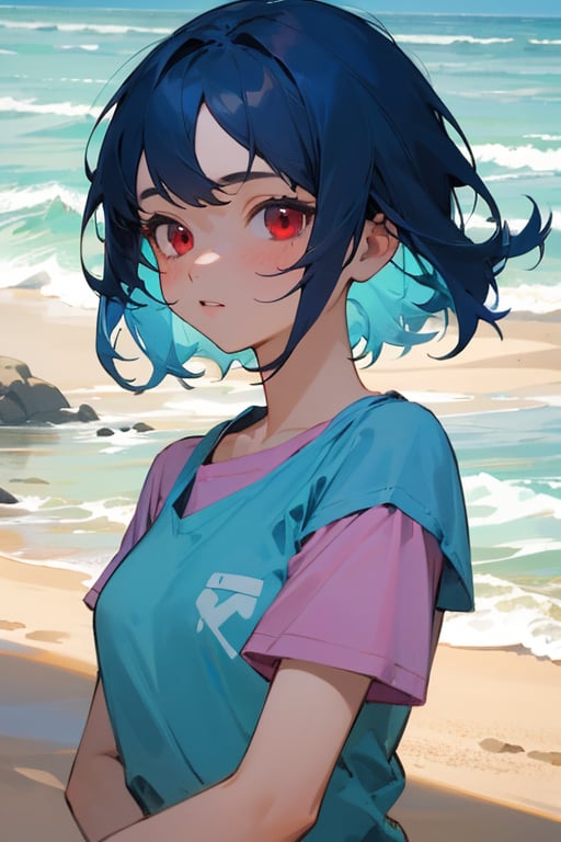 (masterpiece, best quality, ultra detailed), 1girl, medium hair, blue hair, red eyes, pink shirt, short sleeves, upper body, outside, sand, sea