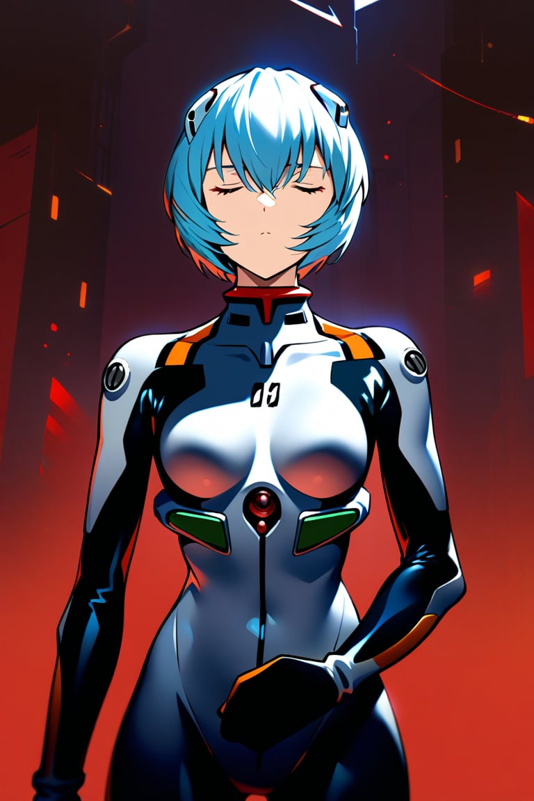 1girl, ayanami rei, plug-suit, standing, upper body, from fornt, emotionless, closed eyes, BREAK simple background, red background, sci-fi city background, masterpiece, best quality, absurdres