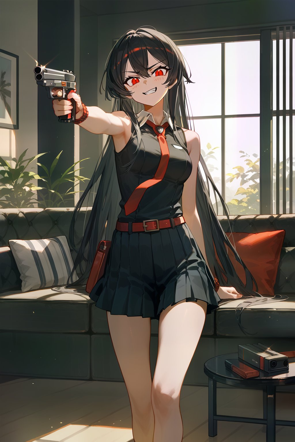 (score_9,score_8_up,score_7_up), wlop, 1girl, Akame, LONG HAIR, BLACK HAIR,BLACK DRESS, SLEEVELESS, PLEATED SKIRT,BLACK SHIRT, NECKTIE, RED BELT, standing, holding gun, aiming at viewer, handgun, living room, couch, window, indoor
