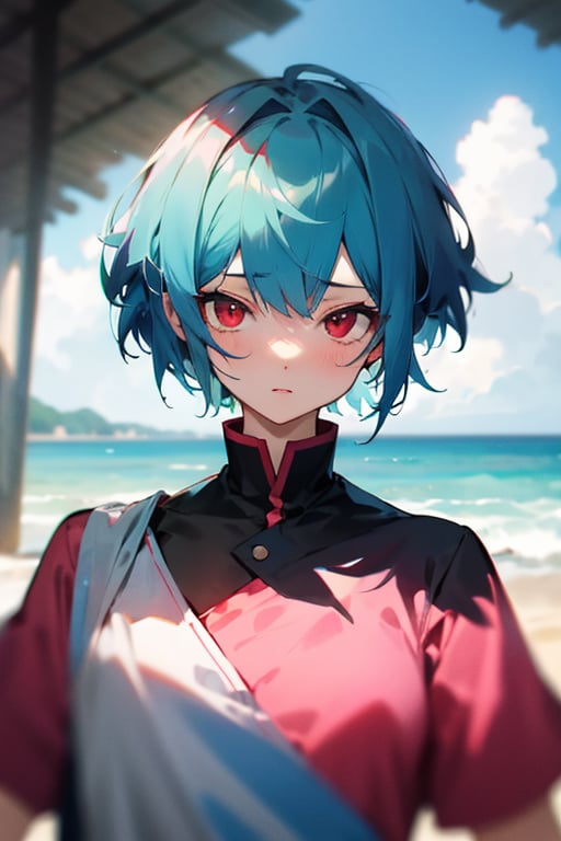 (masterpiece, best quality), 1girl, short hair, blue hair, red eyes, BREAK pink shirt, short sleeves, upper body, BREAK outside, sand, sea