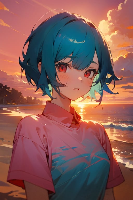 (masterpiece, best quality), highly detailed, 1girl, short hair, blue hair, red eyes, pink shirt, short sleeves, upper body, outside, sand, sea, trees, sunset, backlighting