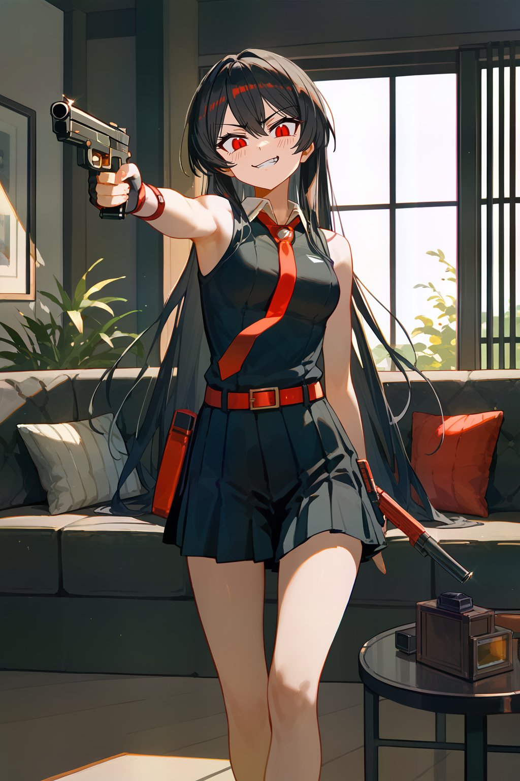 (score_9,score_8_up,score_7_up), wlop, 1girl, Akame, LONG HAIR, BLACK HAIR,BLACK DRESS, SLEEVELESS, PLEATED SKIRT,BLACK SHIRT, NECKTIE, RED BELT, standing, holding gun, aiming at viewer, handgun, living room, couch, window, indoor
