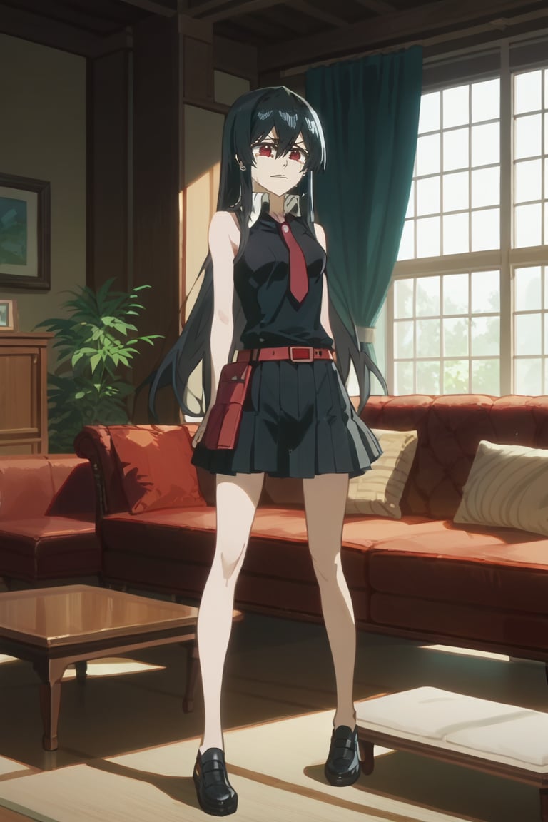 (score_9,score_8_up,score_7_up), TYBW, anime screencap, 1girl, Akame, LONG HAIR, BLACK HAIR,BLACK DRESS, SLEEVELESS, PLEATED SKIRT,BLACK SHIRT, NECKTIE, RED BELT, standing, living room, couch, window, indoor