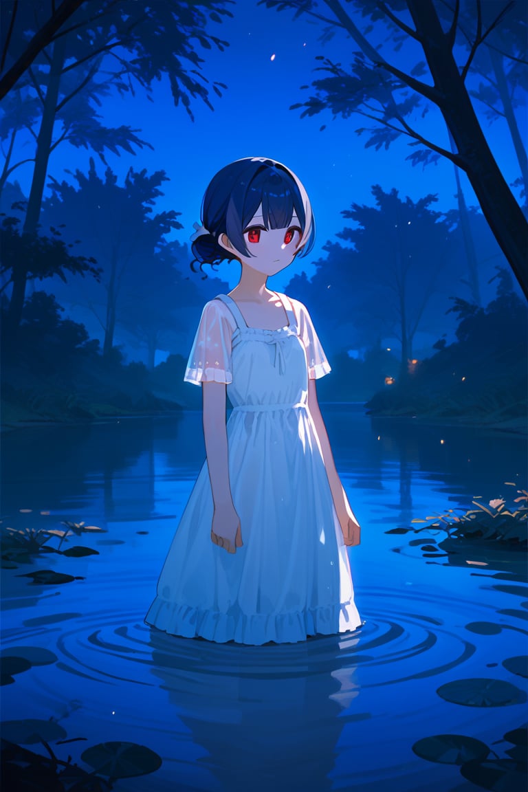 (score_9,score_8_up,score_7_up), morino rinze, 1girl, dark blue hair, single hair bun, red eyes, dress, sundress, short sleeves, see-through sleeves, standing, outdoor, water, lake, trees, night, from front, partially submerged, monochromatic 