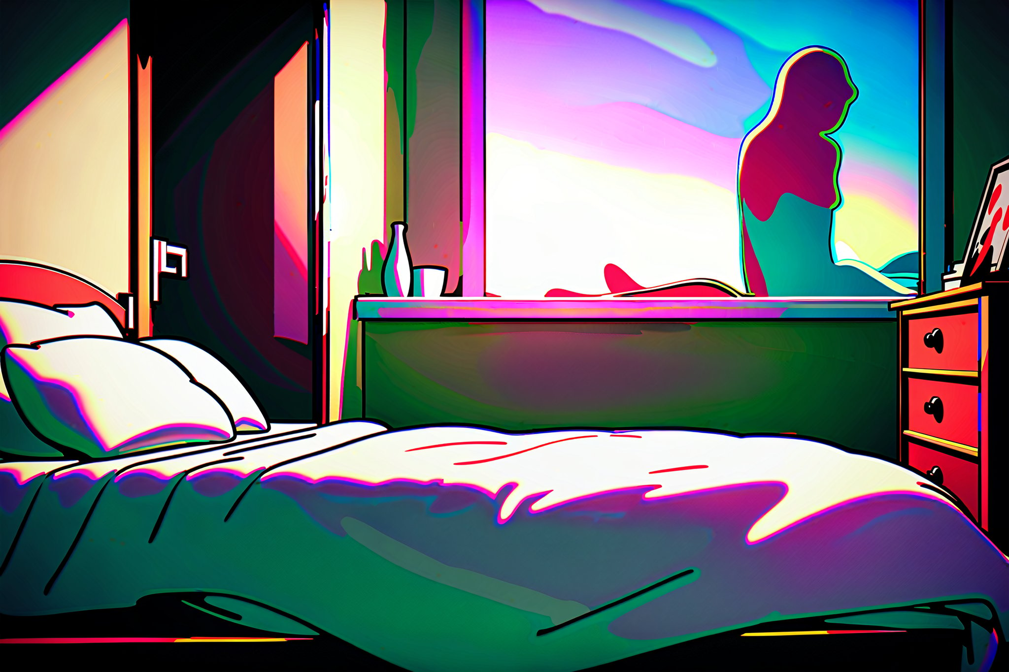 bedroom, indoor, [3D:7], [pop art:2], masterpiece, best quality, highres, recent, very aesthetic, General