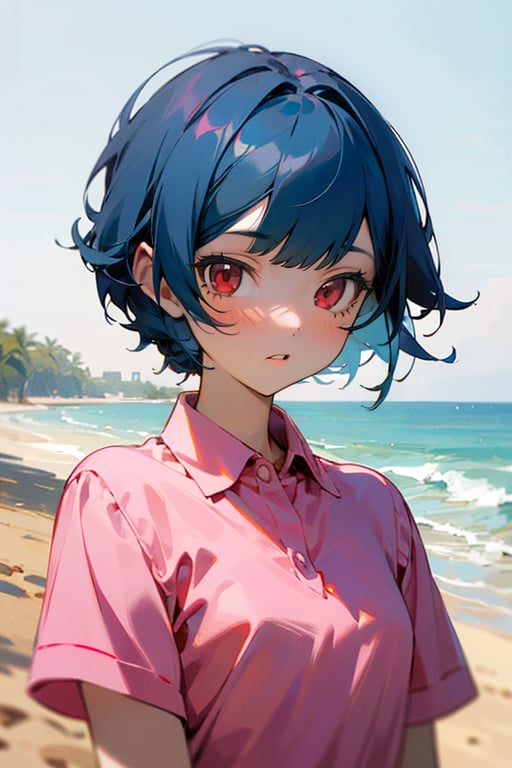 (masterpiece, best quality), 1girl, short hair, blue hair, red eyes, pink shirt, short sleeves, upper body, outside, sand, sea