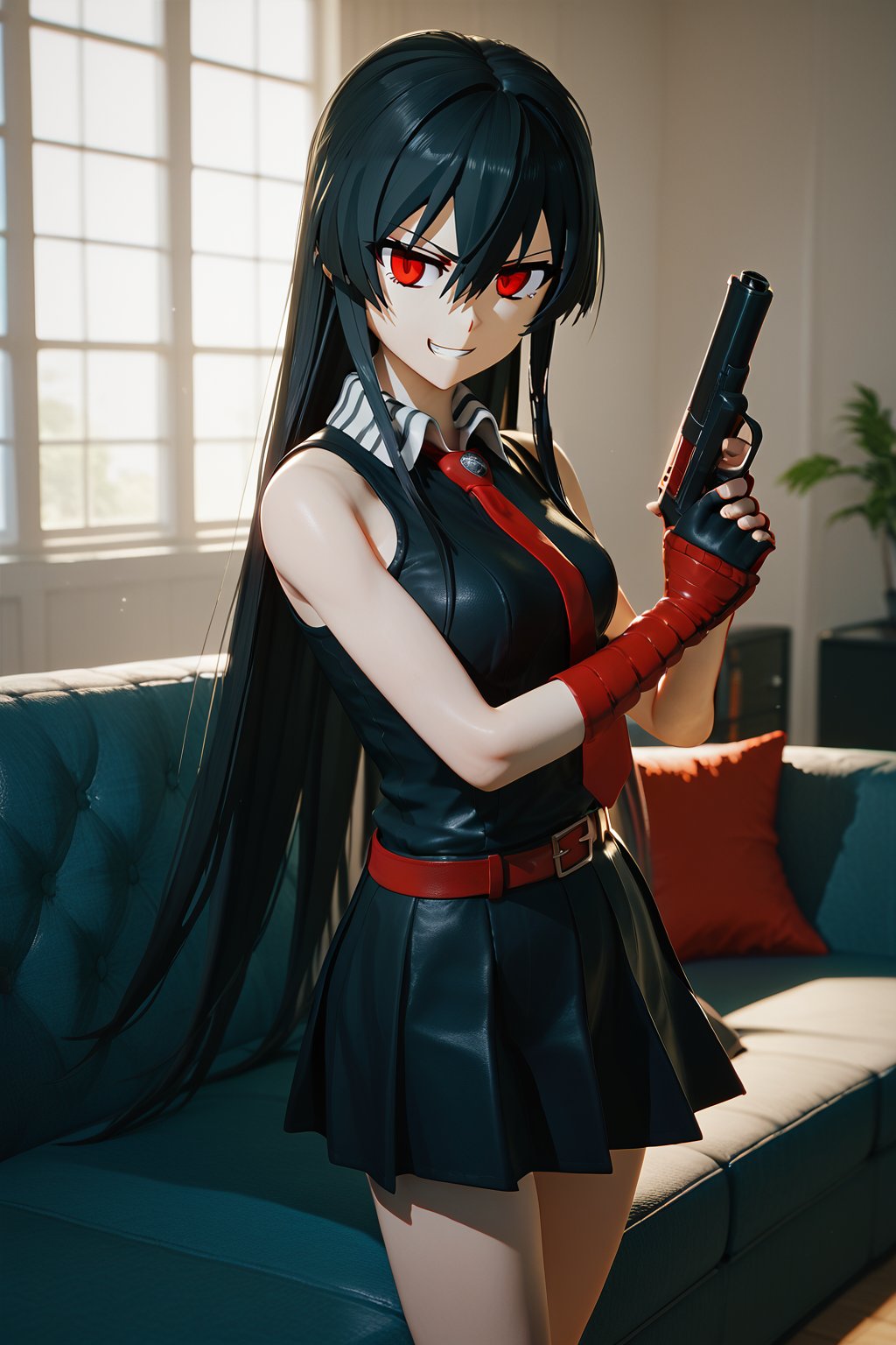 (score_9,score_8_up,score_7_up), 3D, 1girl, Akame, LONG HAIR, BLACK HAIR,BLACK DRESS, SLEEVELESS, PLEATED SKIRT,BLACK SHIRT, NECKTIE, RED BELT, standing, holding gun, aiming at viewer, handgun, living room, couch, window, indoor
