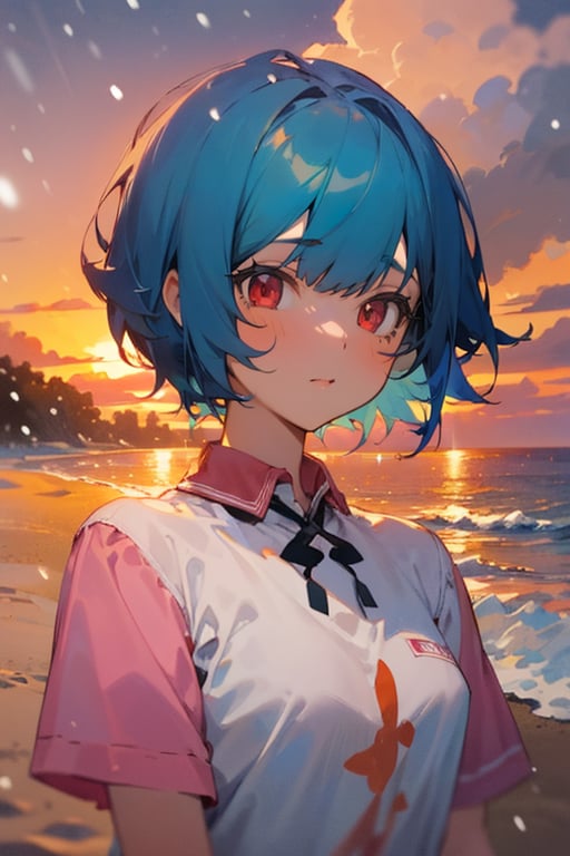 (masterpiece, best quality), highly detailed, 1girl, short hair, blue hair, red eyes, pink shirt, short sleeves, upper body, outside, sand, sea, sunset, snowing, snow