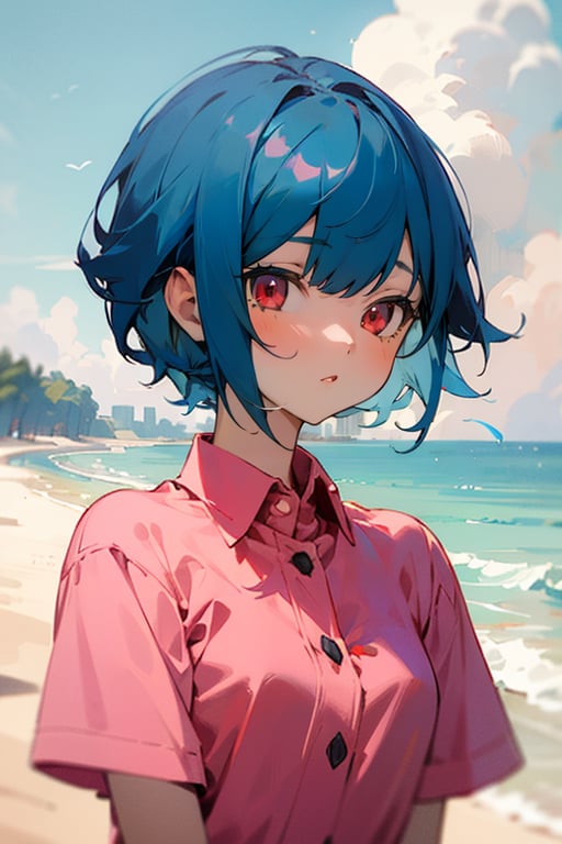 (masterpiece, best quality), 1girl, short hair, blue hair, red eyes, pink shirt, short sleeves, upper body, outside, island