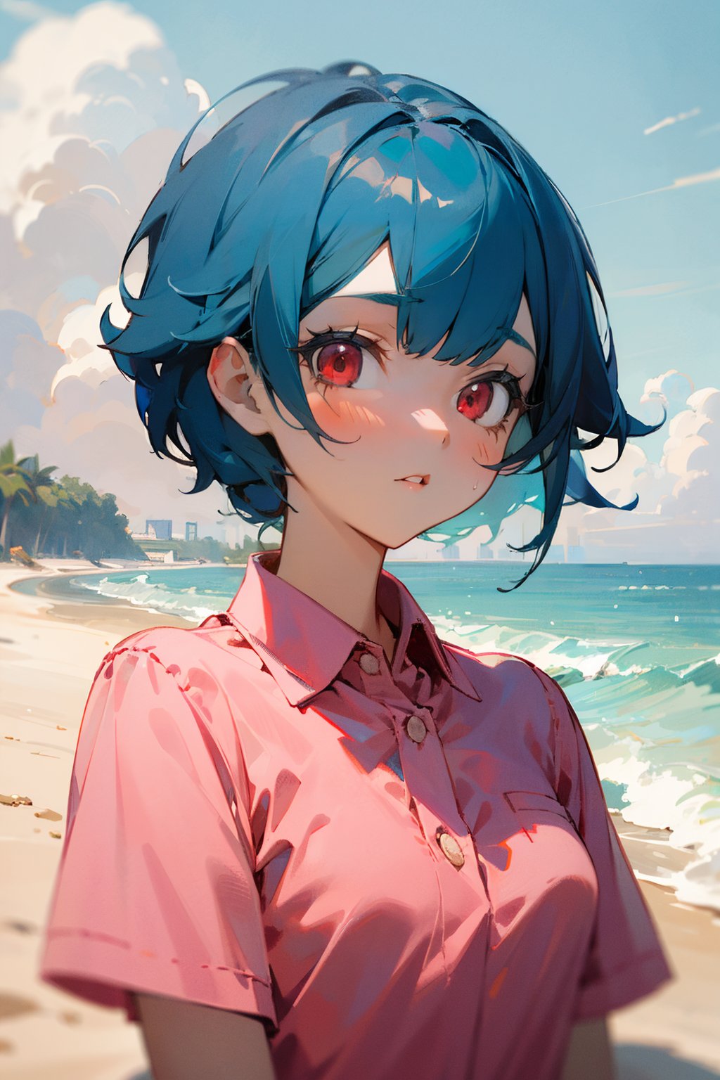 (masterpiece, best quality), 1girl, short hair, blue hair, red eyes, pink shirt, short sleeves, upper body, outside, sand, sea