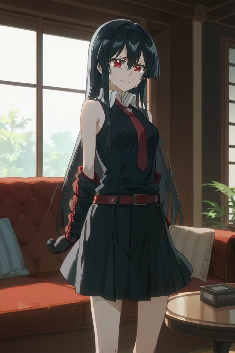 (score_9,score_8_up,score_7_up), TYBW, anime screencap, 1girl, Akame, LONG HAIR, BLACK HAIR,BLACK DRESS, SLEEVELESS, PLEATED SKIRT,BLACK SHIRT, NECKTIE, RED BELT, standing, living room, couch, window, indoor