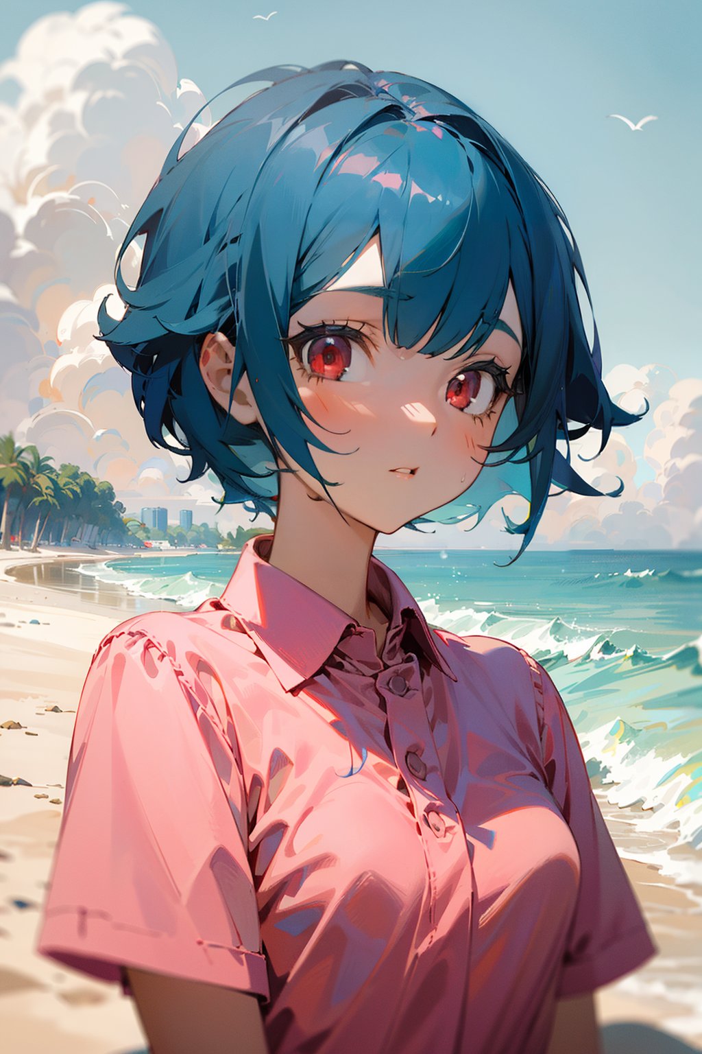 (masterpiece, best quality), 1girl, short hair, blue hair, red eyes, pink shirt, short sleeves, upper body, outside, sand, sea