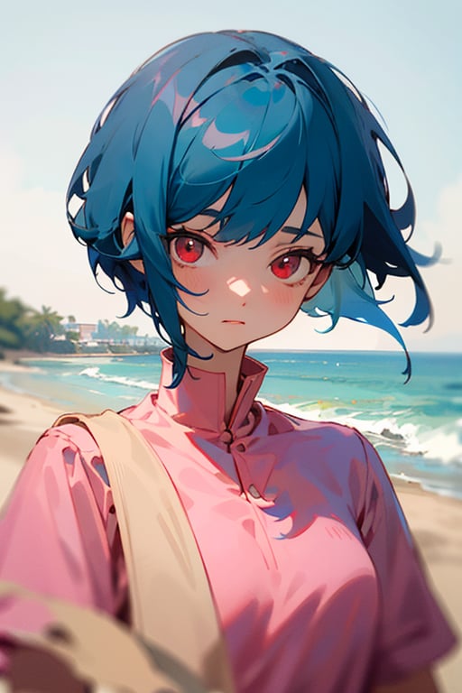 (masterpiece, best quality), 1girl, short hair, blue hair, red eyes, pink shirt, short sleeves, upper body, outside, sand, sea